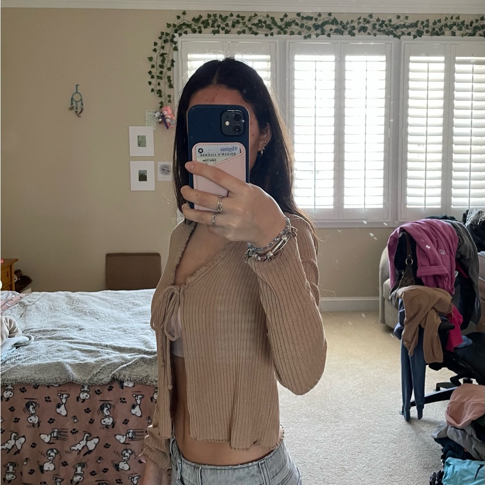 Tan Ribbed Tie-Front Cardigan - Picture 2 of 6